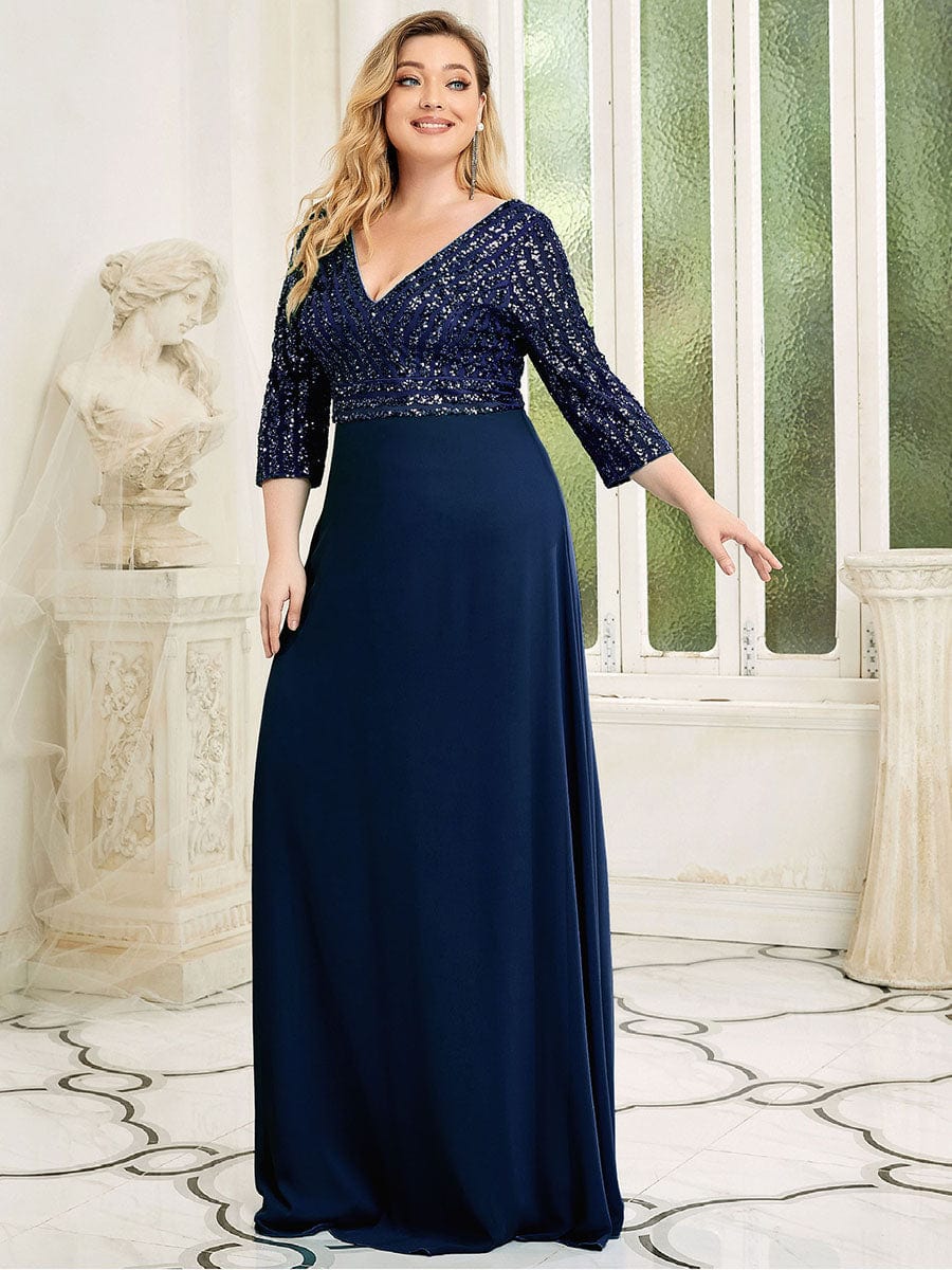 Elegant Sequin A-Line Evening Dress With V Neck and 3/4 Sleeve