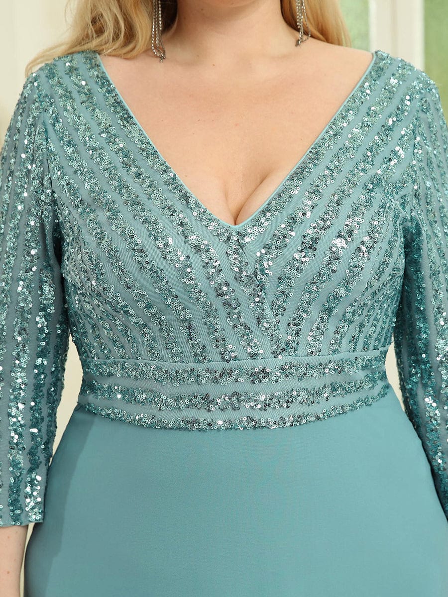 Elegant Sequin A-Line Evening Dress With V Neck and 3/4 Sleeve