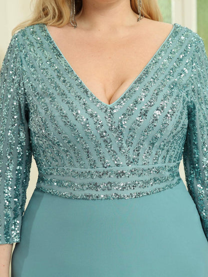 Elegant Sequin A-Line Evening Dress With V Neck and 3/4 Sleeve