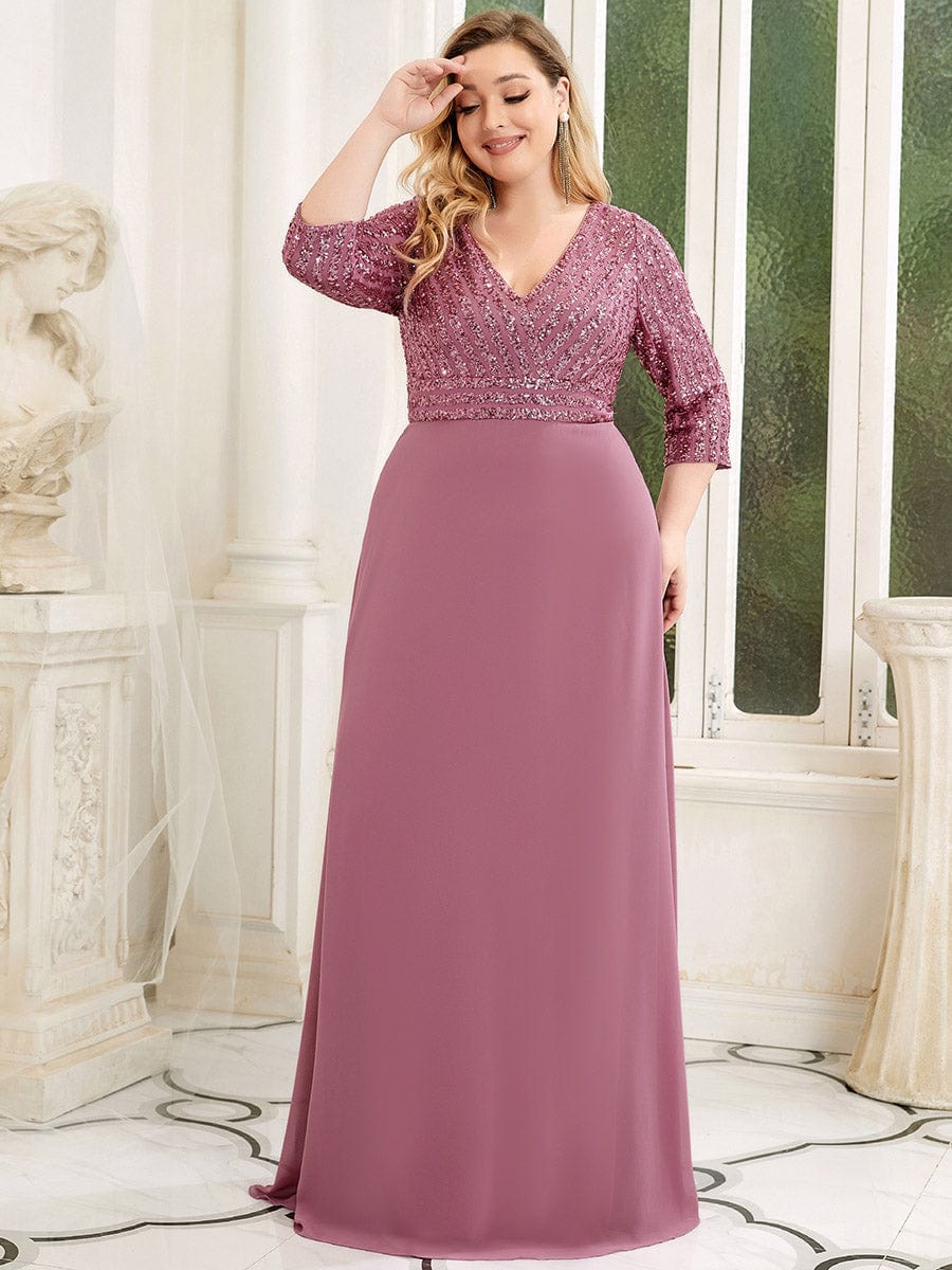 Elegant Sequin A-Line Evening Dress With V Neck and 3/4 Sleeve