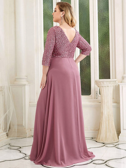 Elegant Sequin A-Line Evening Dress With V Neck and 3/4 Sleeve