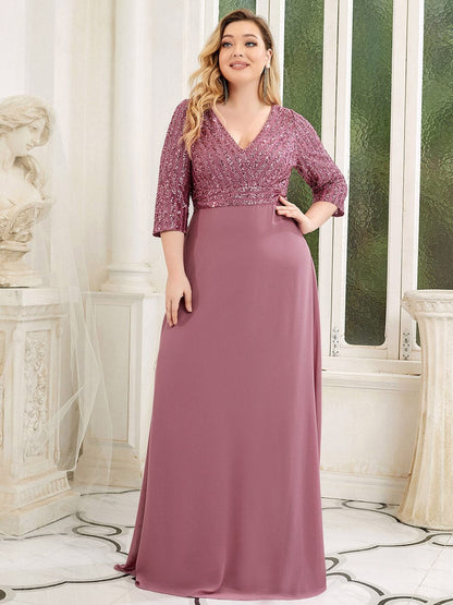 Elegant Sequin A-Line Evening Dress With V Neck and 3/4 Sleeve