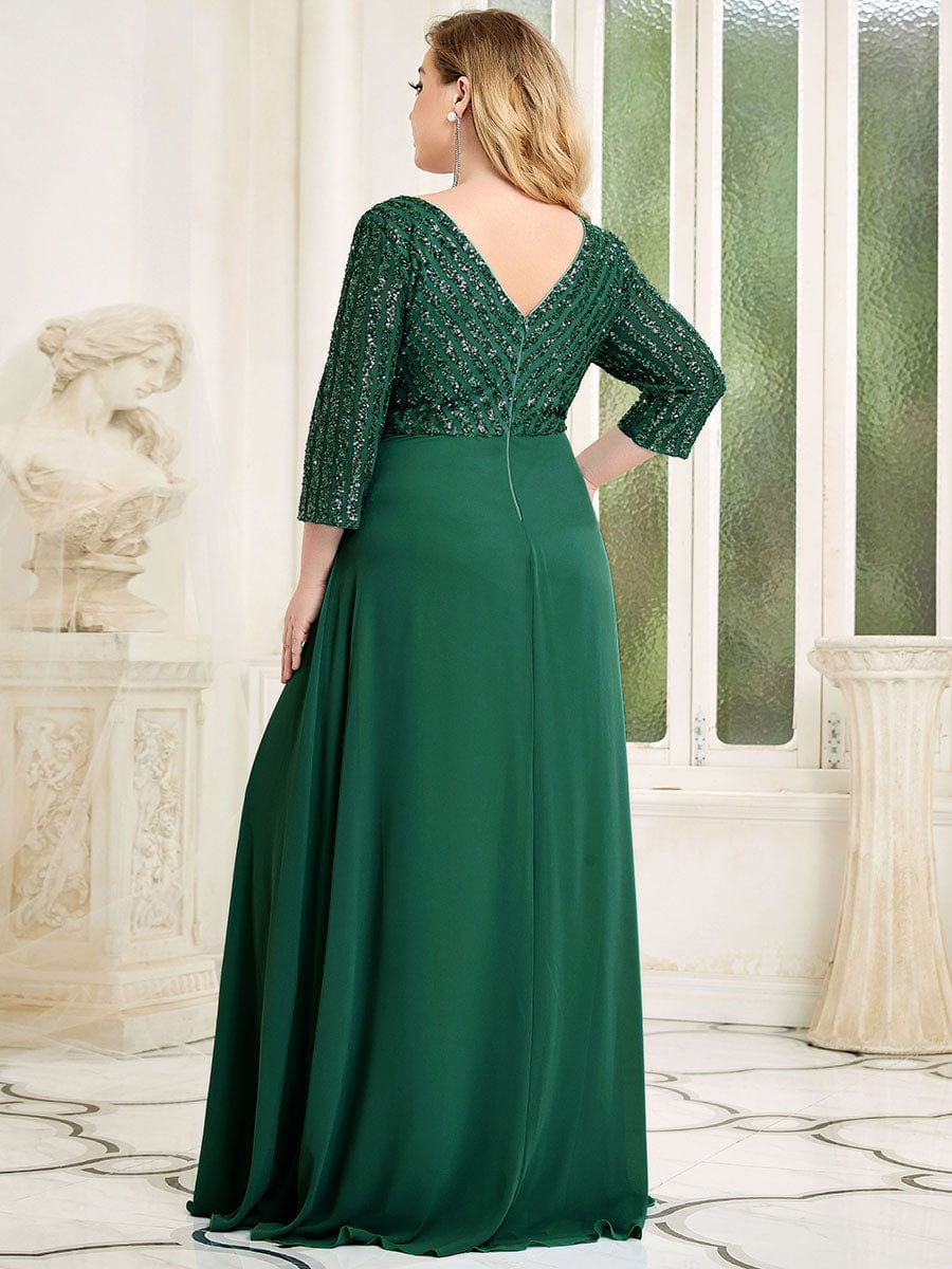 Elegant Sequin A-Line Evening Dress With V Neck and 3/4 Sleeve