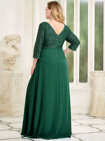 Elegant Sequin A-Line Evening Dress With V Neck and 3/4 Sleeve