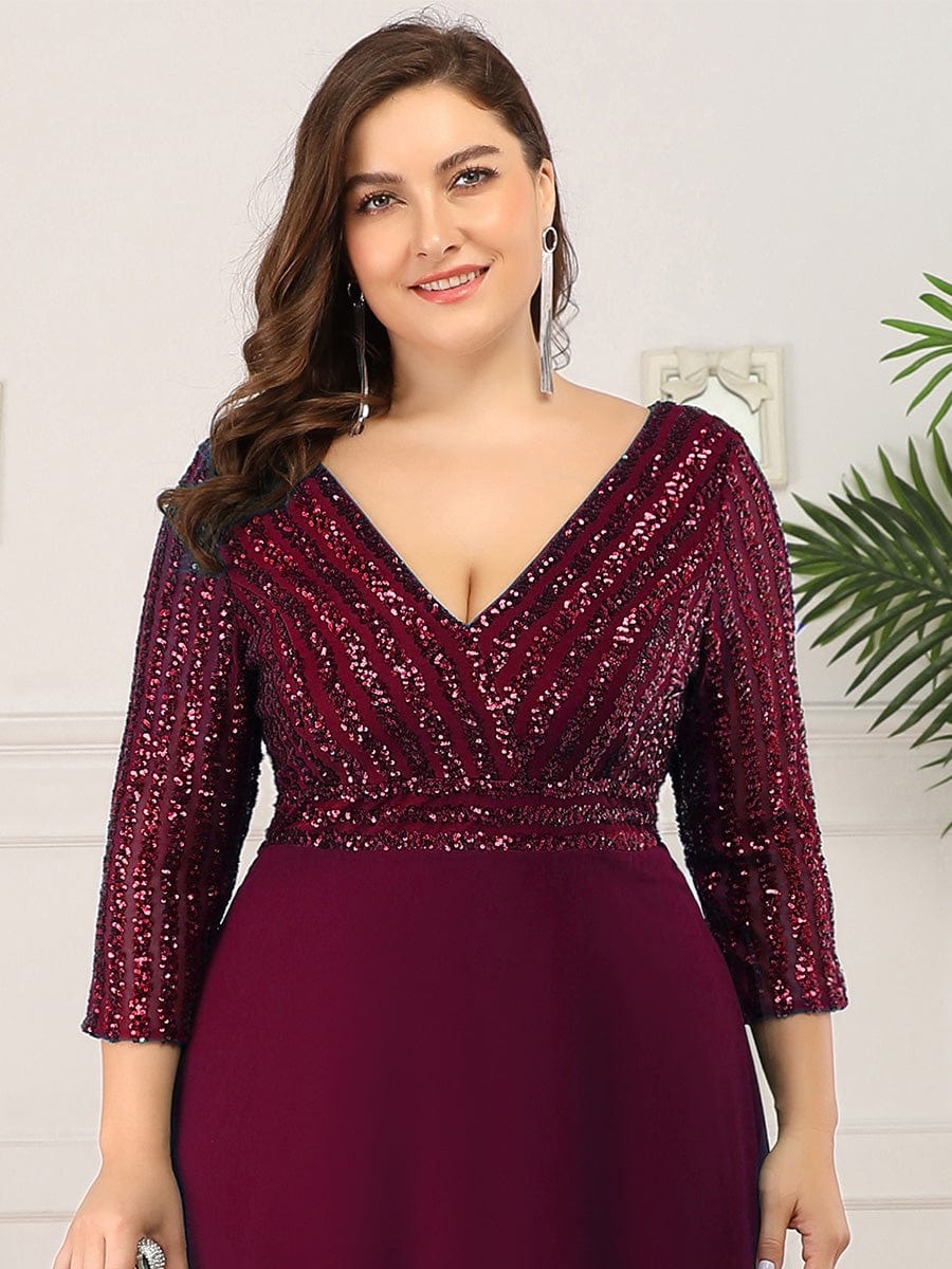Elegant Sequin A-Line Evening Dress With V Neck and 3/4 Sleeve
