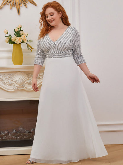 Elegant Sequin A-Line Evening Dress With V Neck and 3/4 Sleeve