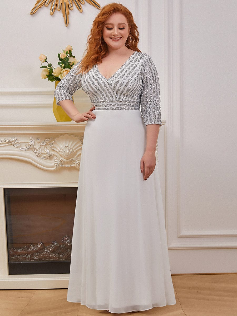 Elegant Sequin A-Line Evening Dress With V Neck and 3/4 Sleeve