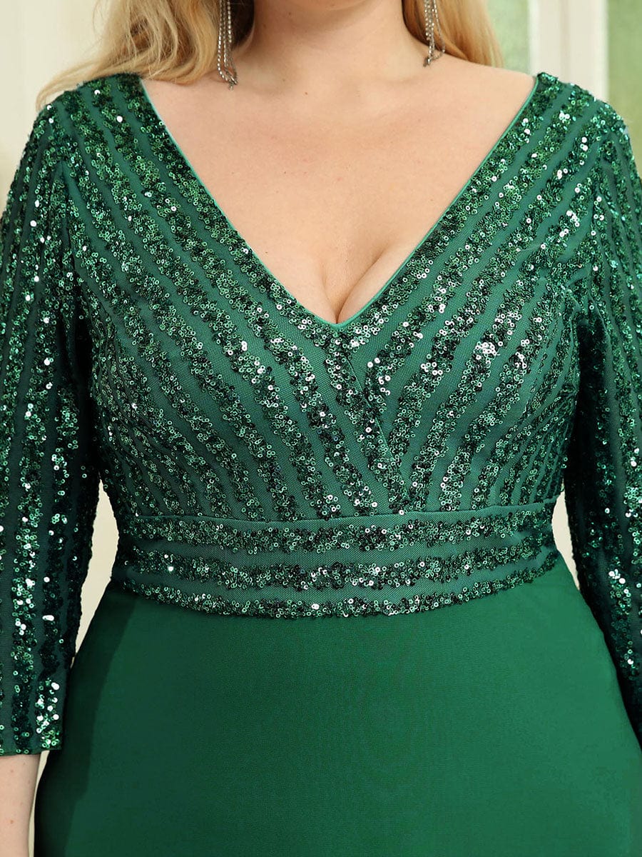 Elegant Sequin A-Line Evening Dress With V Neck and 3/4 Sleeve
