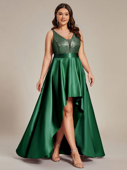 Elegant Sequin Embellished High Low Plus Size Evening Dress