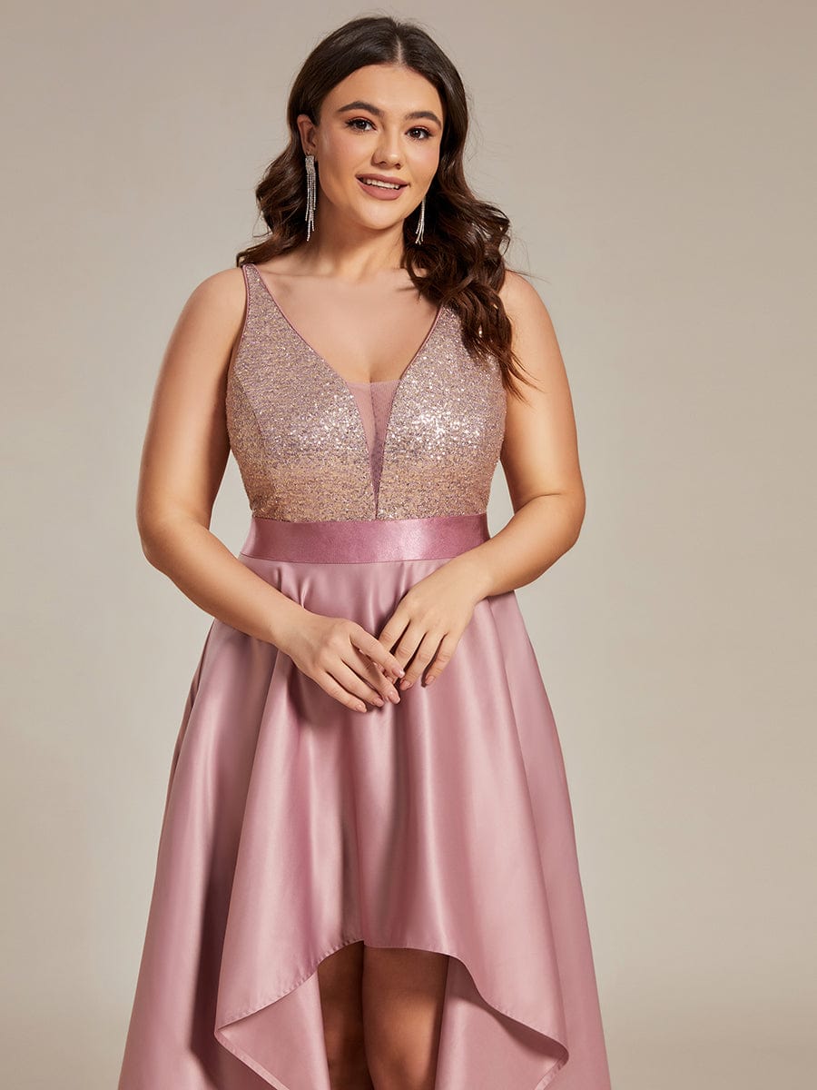Elegant Sequin Embellished High Low Plus Size Evening Dress