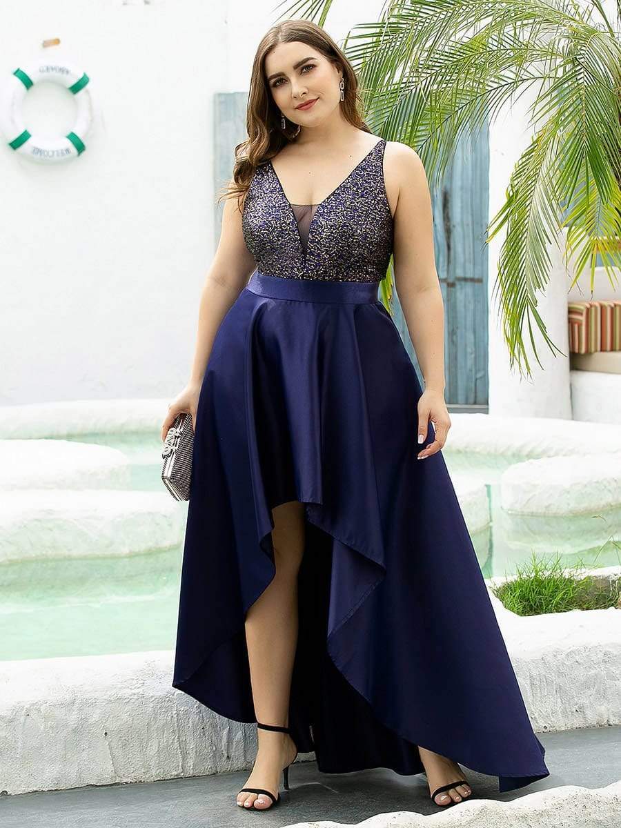 Elegant Sequin Embellished High Low Plus Size Evening Dress
