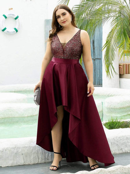 Elegant Sequin Embellished High Low Plus Size Evening Dress