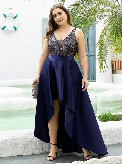 Elegant Sequin Embellished High Low Plus Size Evening Dress