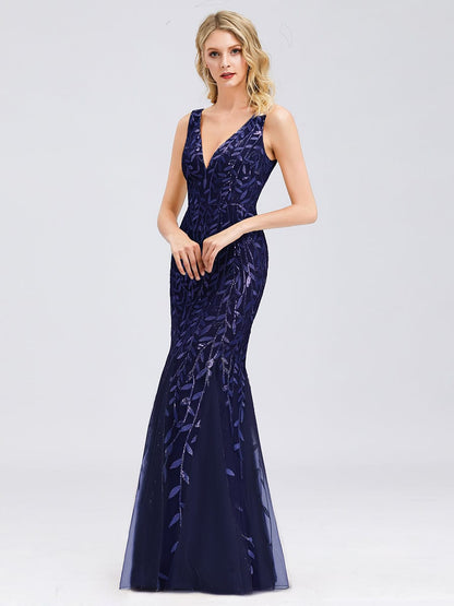 Elegant Sequin Mermaid Dress With Double V-Neck for Evening