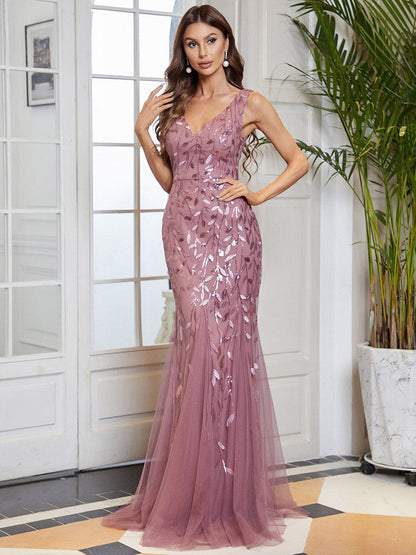 Elegant Sequin Mermaid Dress With Double V-Neck for Evening