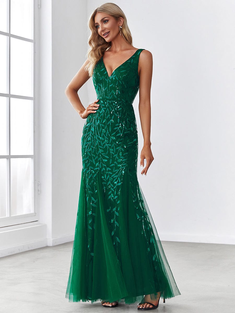 Elegant Sequin Mermaid Dress With Double V-Neck for Evening