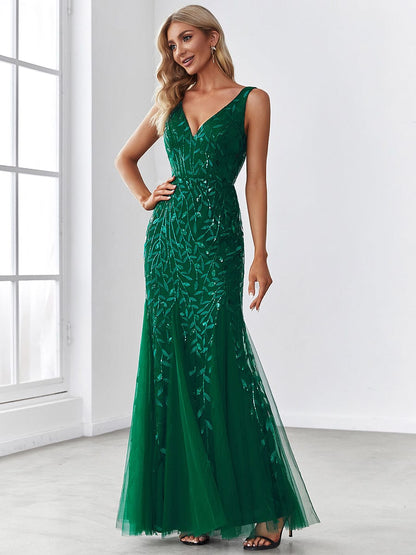 Elegant Sequin Mermaid Dress With Double V-Neck for Evening