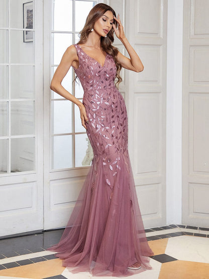 Elegant Sequin Mermaid Dress With Double V-Neck for Evening