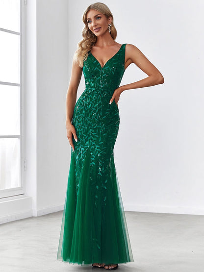 Elegant Sequin Mermaid Dress With Double V-Neck for Evening