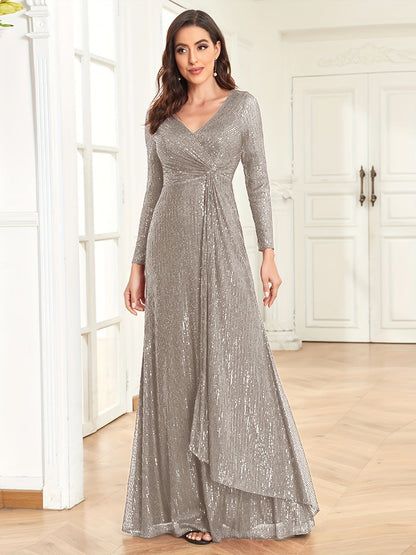 Elegant Sequin V Neck Long Sleeve Floor Length Party Maxi Dress