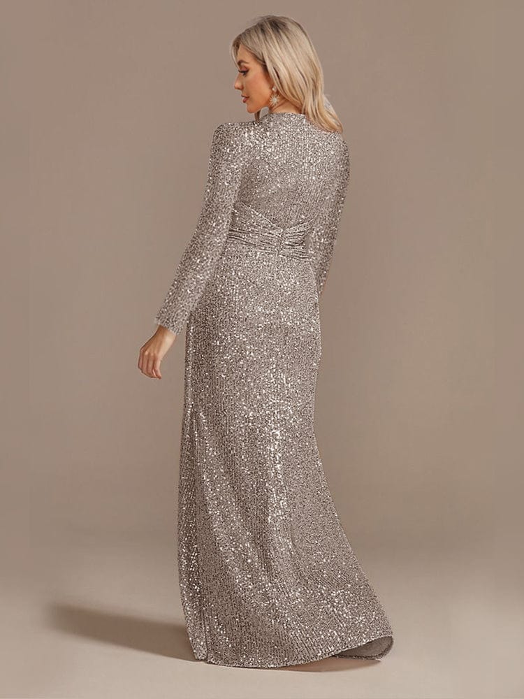 Elegant Sequin V Neck Long Sleeve Floor Length Party Maxi Dress
