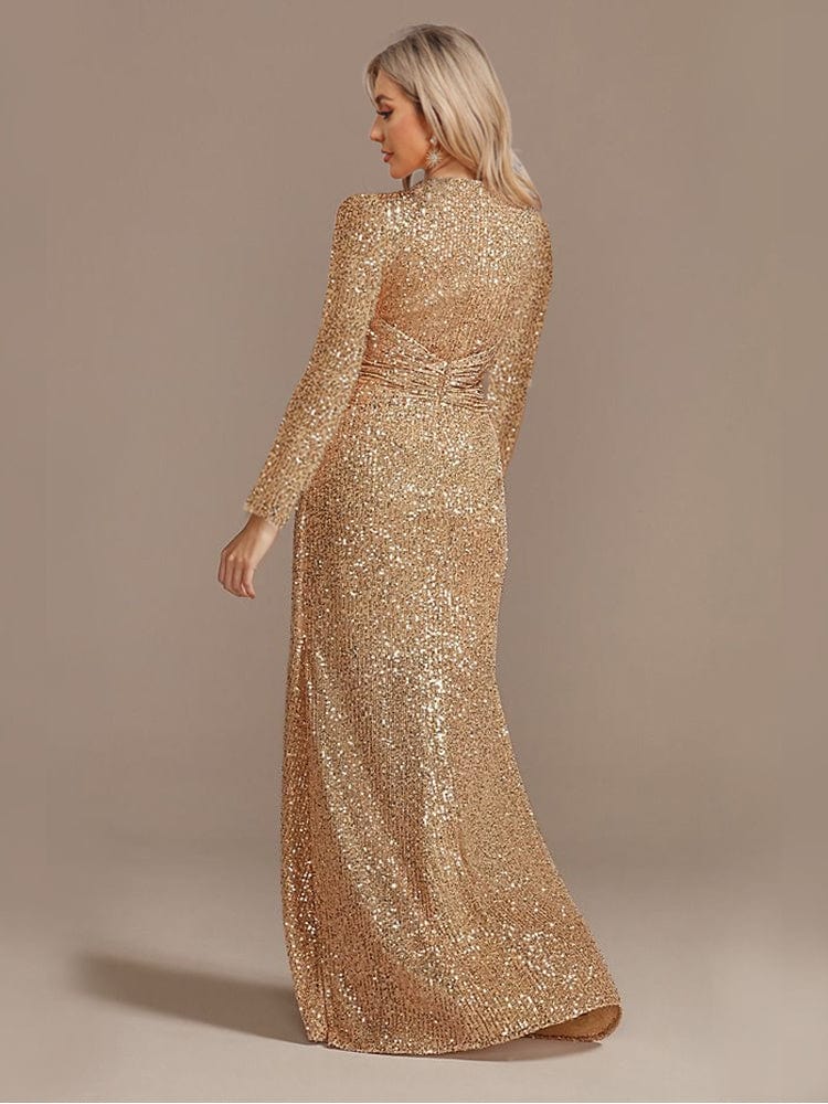 Elegant Sequin V Neck Long Sleeve Floor Length Party Maxi Dress
