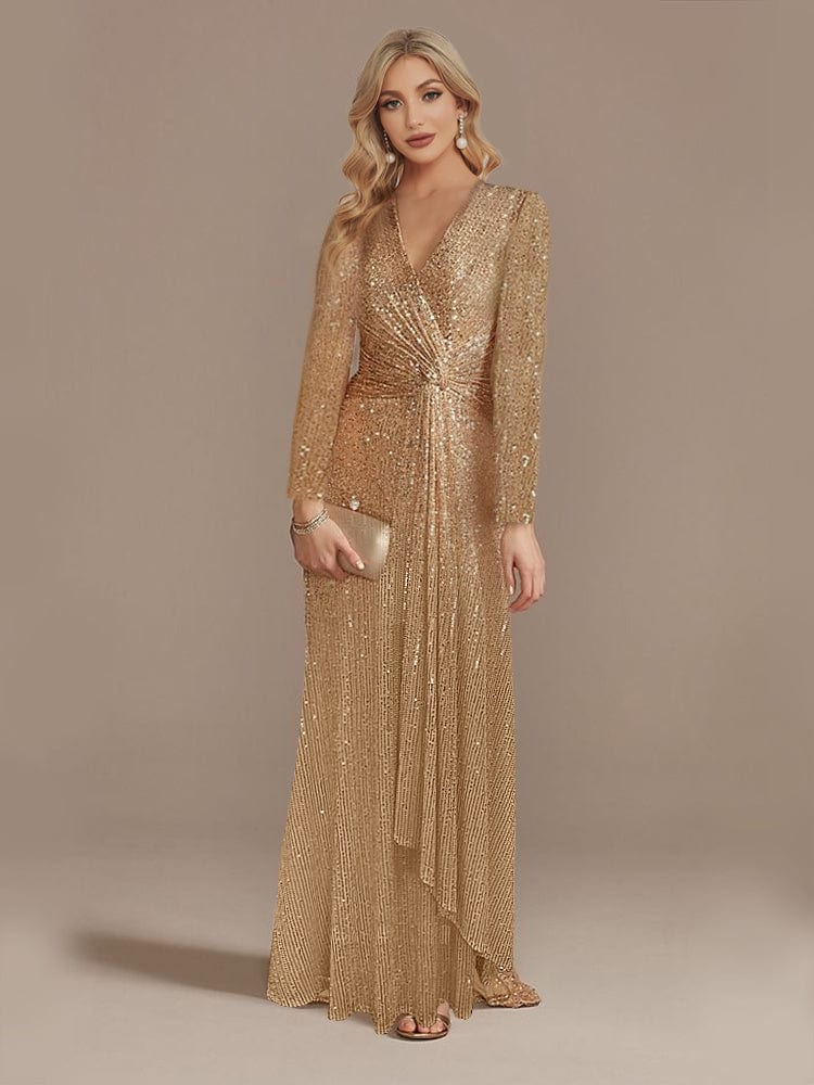 Elegant Sequin V Neck Long Sleeve Floor Length Party Maxi Dress