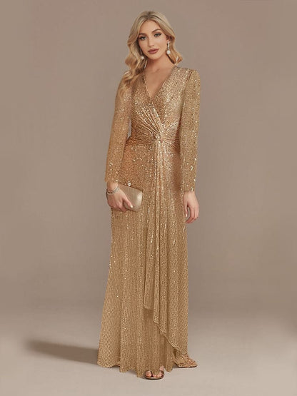 Elegant Sequin V Neck Long Sleeve Floor Length Party Maxi Dress