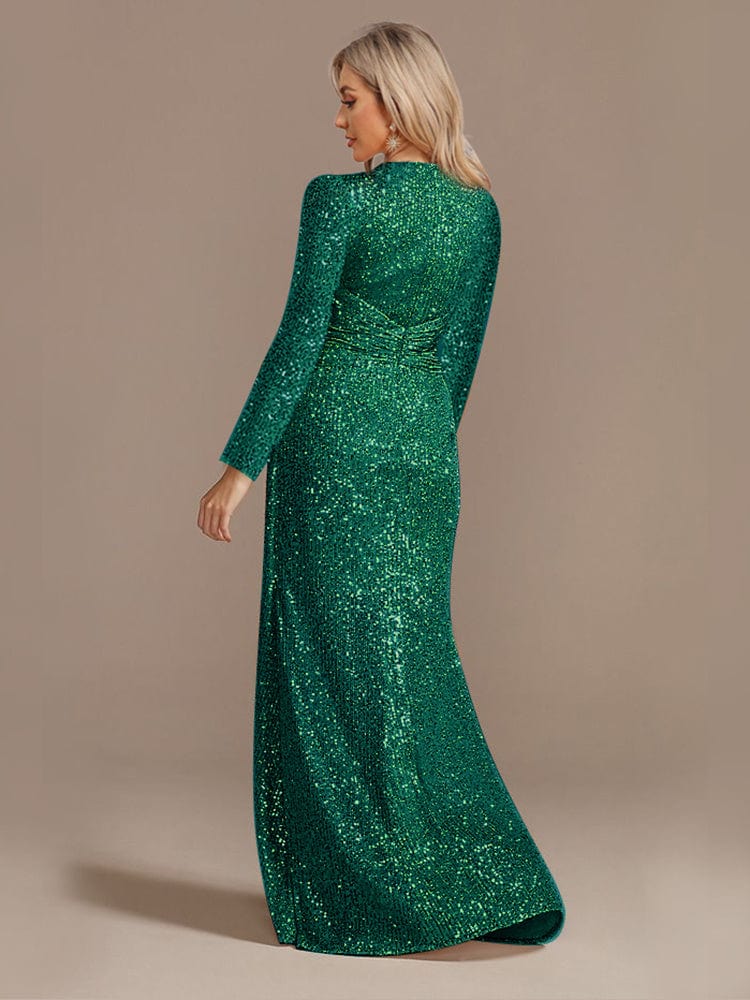 Elegant Sequin V Neck Long Sleeve Floor Length Party Maxi Dress