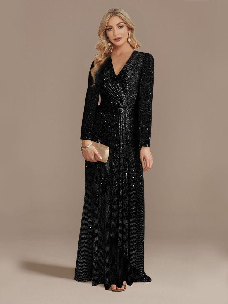 Elegant Sequin V Neck Long Sleeve Floor Length Party Maxi Dress