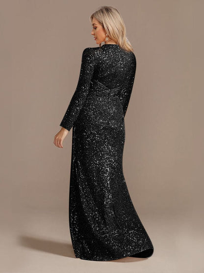 Elegant Sequin V Neck Long Sleeve Floor Length Party Maxi Dress