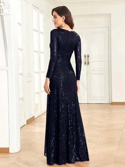 Elegant Sequin V Neck Long Sleeve Floor Length Party Maxi Dress