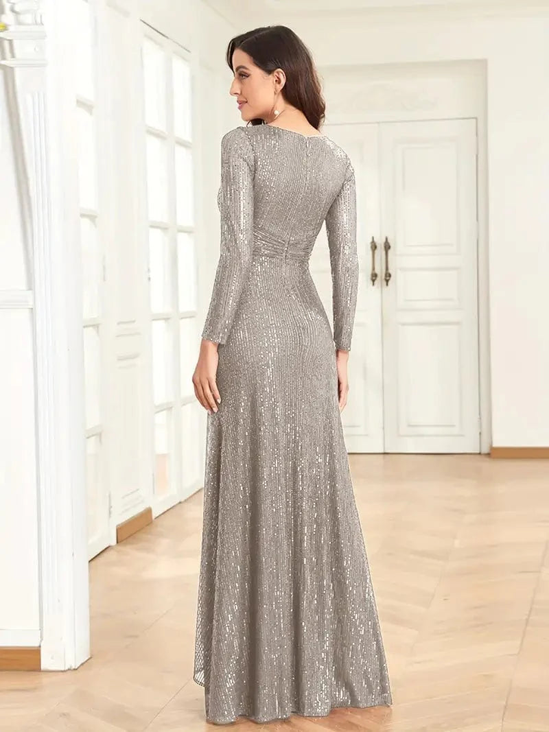 Elegant Sequin V Neck Long Sleeve Floor Length Party Maxi Dress