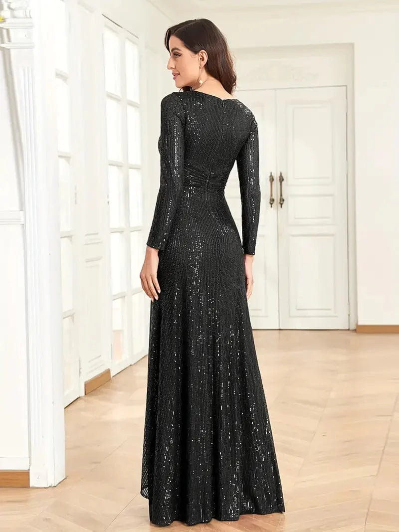 Elegant Sequin V Neck Long Sleeve Floor Length Party Maxi Dress