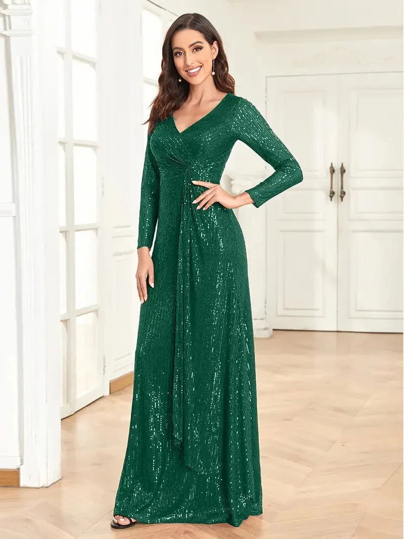 Elegant Sequin V Neck Long Sleeve Floor Length Party Maxi Dress