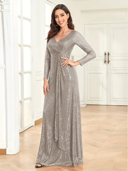Elegant Sequin V Neck Long Sleeve Floor Length Party Maxi Dress