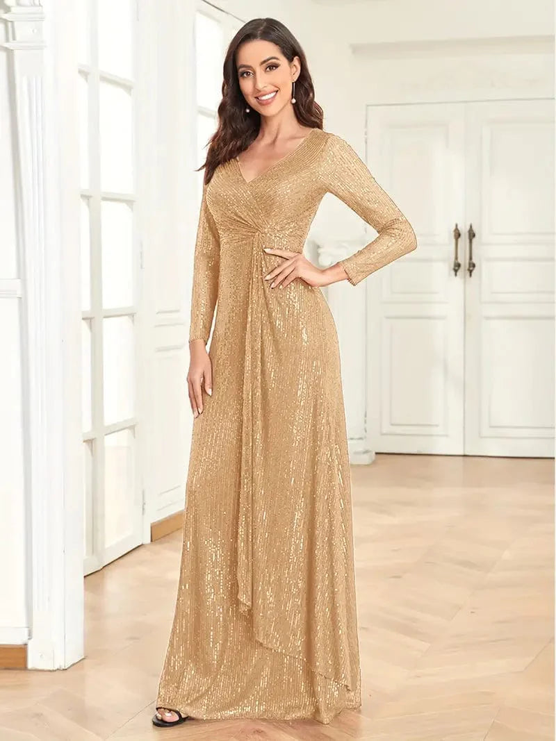Elegant Sequin V Neck Long Sleeve Floor Length Party Maxi Dress