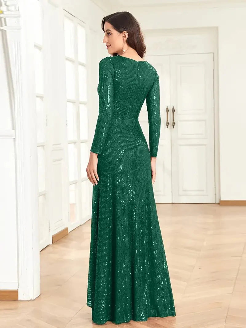 Elegant Sequin V Neck Long Sleeve Floor Length Party Maxi Dress