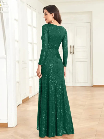 Elegant Sequin V Neck Long Sleeve Floor Length Party Maxi Dress