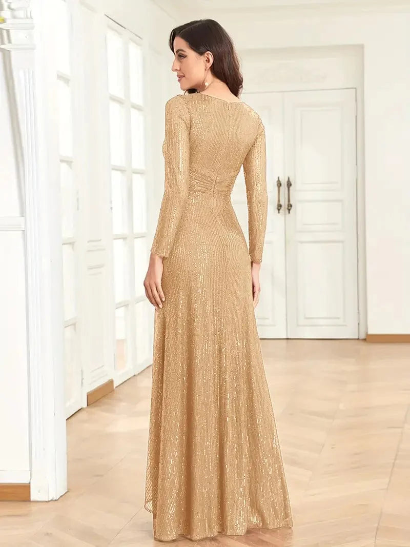 Elegant Sequin V Neck Long Sleeve Floor Length Party Maxi Dress