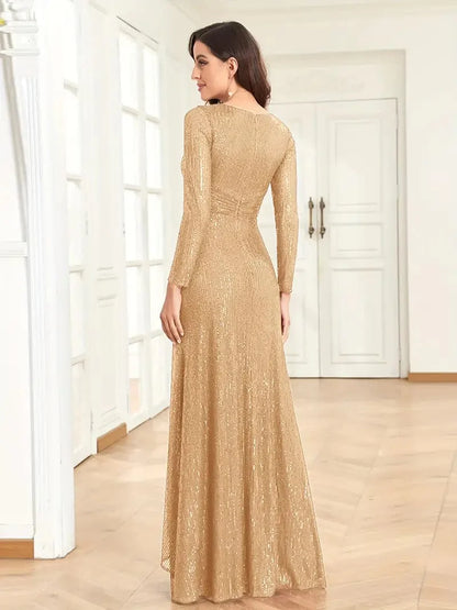 Elegant Sequin V Neck Long Sleeve Floor Length Party Maxi Dress