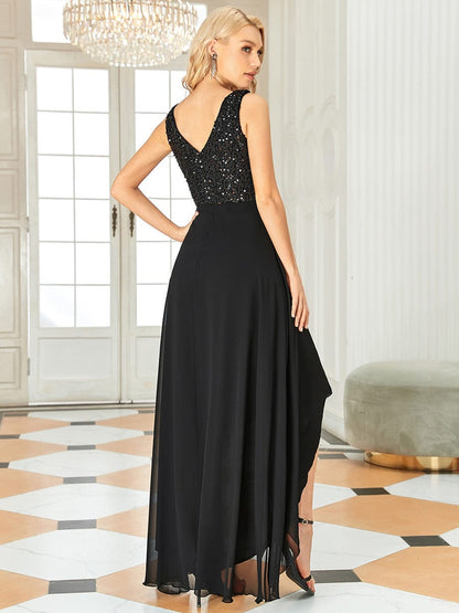 Elegant Sequined Chiffon High-Low Maxi Evening Dress for Women