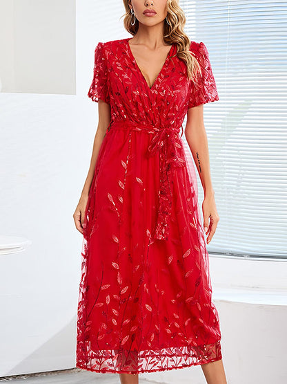 Elegant Sequined V-Neck Embroidered Midi Dress