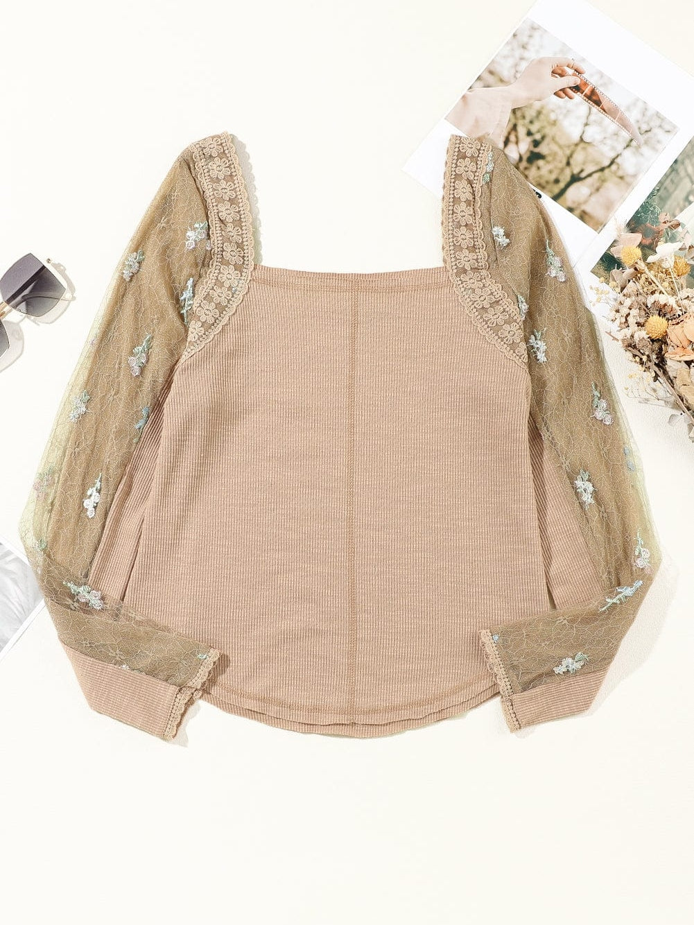 Elegant Sheer Floral Patchwork Knit Top