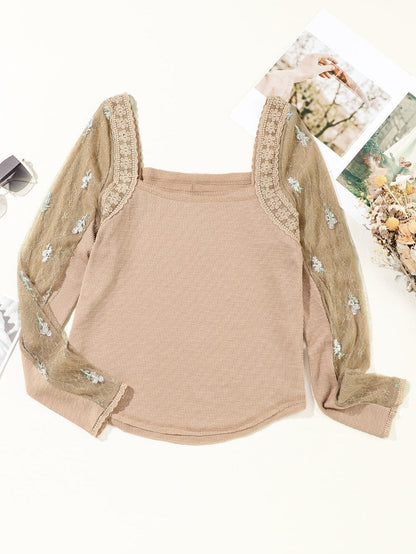 Elegant Sheer Floral Patchwork Knit Top