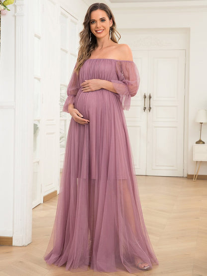 Elegant Sheer Off-Shoulder Double Skirt Maternity Maxi Dress