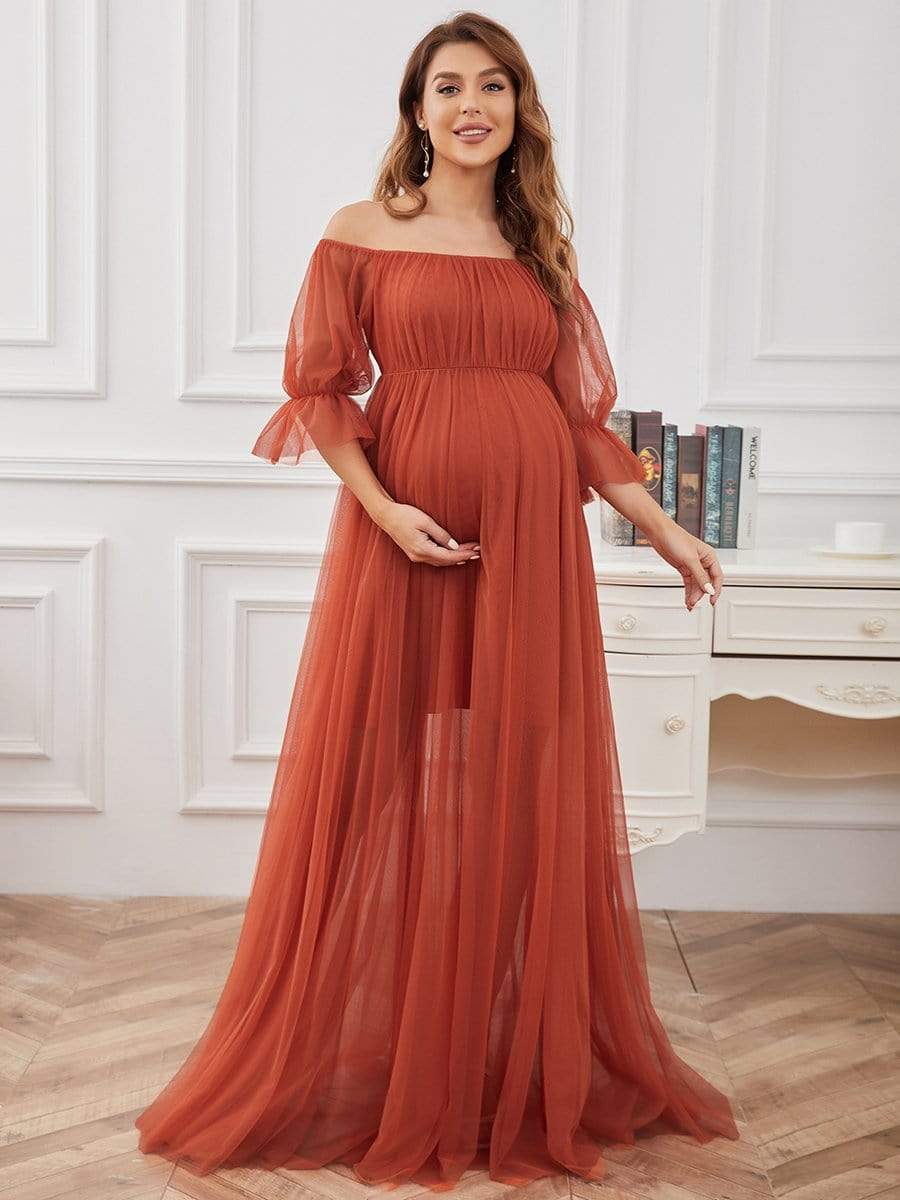 Elegant Sheer Off-Shoulder Double Skirt Maternity Maxi Dress