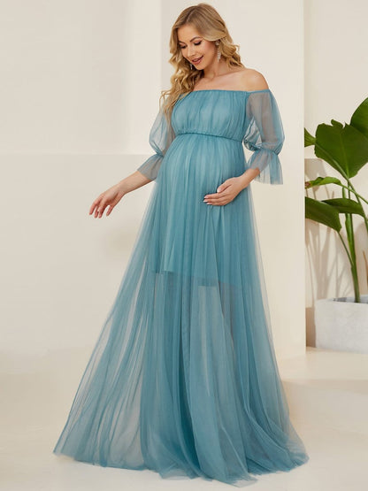 Elegant Sheer Off-Shoulder Double Skirt Maternity Maxi Dress