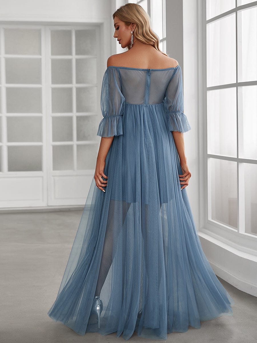 Elegant Sheer Off-Shoulder Double Skirt Maternity Maxi Dress