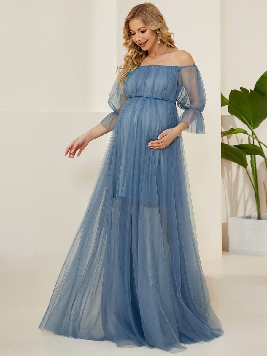 Elegant Sheer Off-Shoulder Double Skirt Maternity Maxi Dress